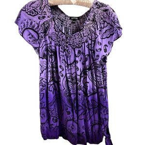 Apt 9 Ladies Scoop Neck Shirt Sleeve Blouse Top Small Purple Floral Paisley